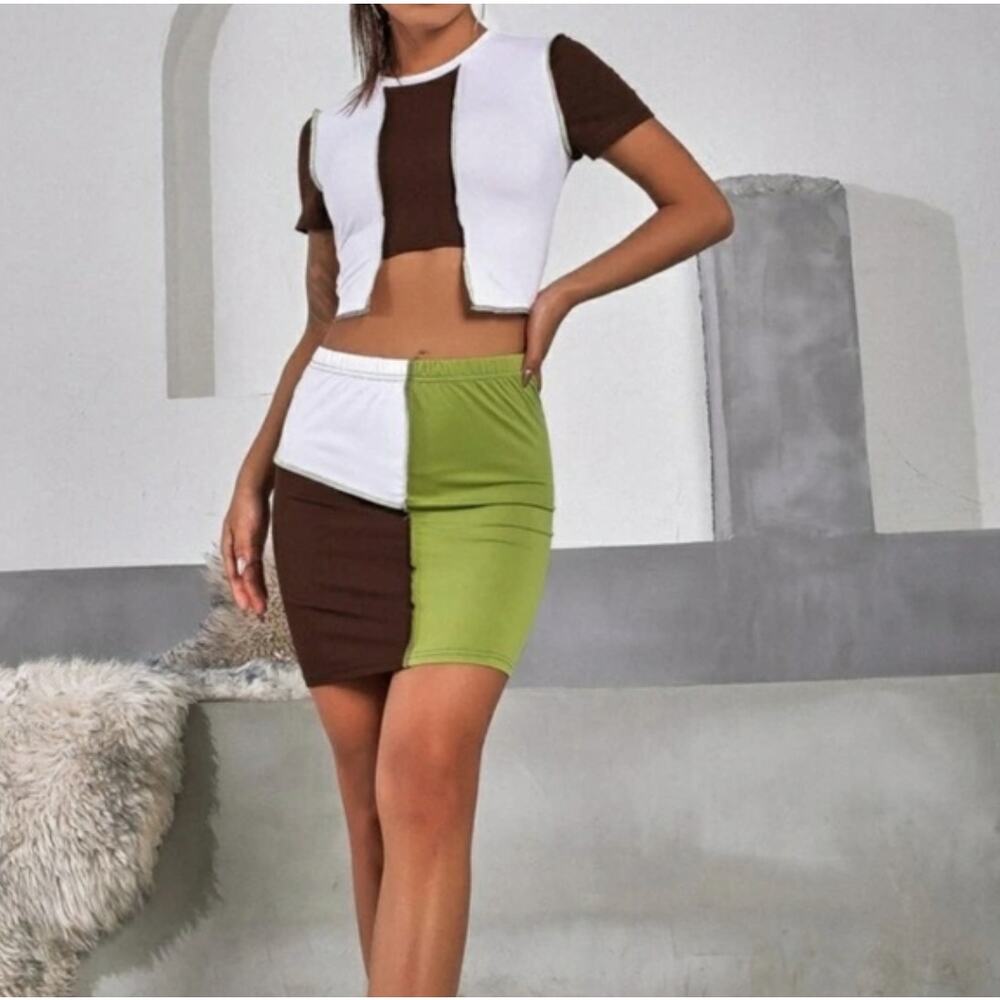 Y2k Cider Lime Green & Brown Colorblock Patchwork Skirt Set Medium Cute